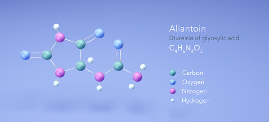 allantoin, diureide glyoxylic acid, molecular structures, 3d model, Structural Chemical Formula and Atoms with Color Coding