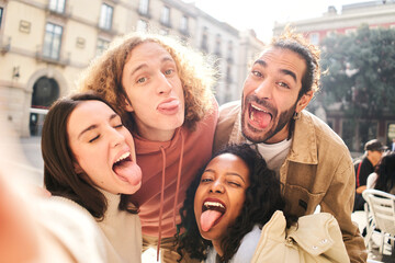Selfie of cheerful friends goofing off. Happy people taking photo self portrait.