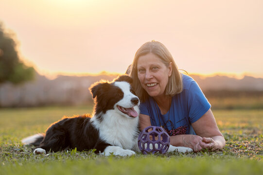 Woman and Border Collie dog with its toy lying on the grass in the park during golden hour 