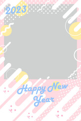 2023年卯年年賀状-ピンク色背景フォトフレームイラスト素材2023年卯年年賀状-和柄賀詞付