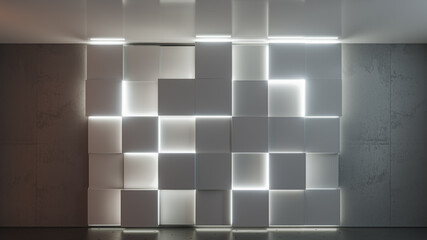 Empty loft interior room with modern wall of glow cubes shapes