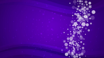 Falling snow with ultra violet snowflakes. New Year backdrop. Winter frame for gift coupons, vouchers, ads, party events. Christmas trendy background. Holiday snowy banner with falling snow