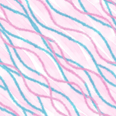 Digital basic abstract blurry pink and blue seamless pattern. Pink paintbrush lines diagonal seamless design for fabric, texile print, dress print. Hand drawn brush strokes on white background