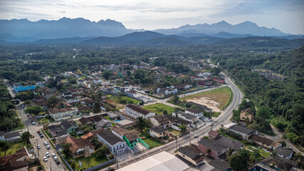 Aerial  view of the historic center of Morretes, State of Paraná, South of Brazil. Special  emphasis on Serra do Mar set of montains