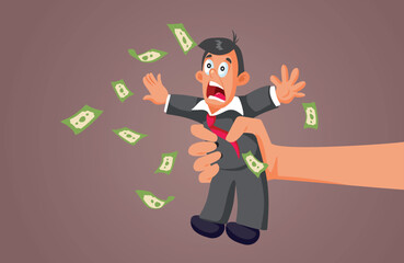 Giant Hand Squeezing a Man for Money Vector Cartoon Illustration. Ex-wife wining in court for her former husband to pay alimony 

