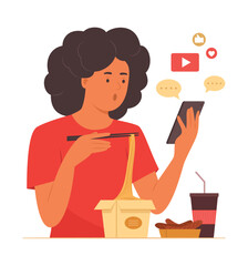 Man Eating Food While Watching Online Content on Mobile Phone