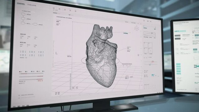 Robotic 3d printer is used at the futuristic health care facility. Robotic 3d printer is scanning the virtual human heart. Robotic 3d printer machine making a realistic copy of the human organ.
