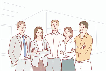 Successful company with happy workers. Hand drawn style vector design illustrations.