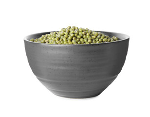 Bowl with green mung beans isolated on white. Organic grains