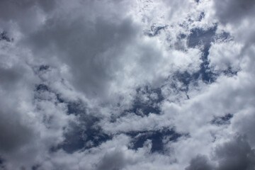 cloudy sky view with white and gray gradient clouds in the sky seen from below. blue sky with cloudy day clouds.