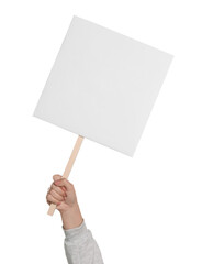Woman holding blank protest sign on white background, closeup