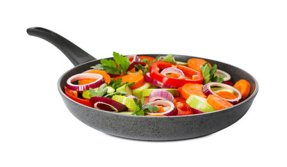 Mix of vegetables in frying pan isolated on white
