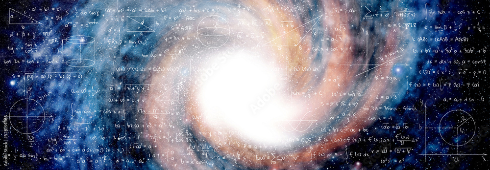 Wall mural illustration of basic physics and mathematics formulas and galaxy in universe. banner design