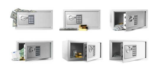 Set of steel safes with electronic lock on white background. Banner design