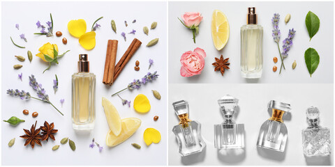 Beautiful collage with photos of luxury perfume and ingredients represent their fragrance notes on light background, top view. Banner design - obrazy, fototapety, plakaty