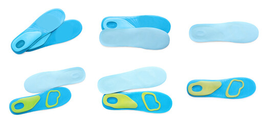 Set with orthopedic insoles on white background