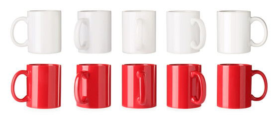 Set with different ceramic mugs on white background. Banner design