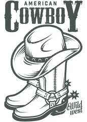 Design print for a shirt: country music typography, rodeo, cowboy, and cowgirl—vintage wild west emblem with cowboy hat and boots vector illustration. 