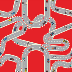 Fototapeta premium A seamless print Race track, racing cars, and colorful and fun icons, adventure, and speed. Fast children's cars. Top view background