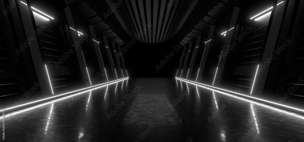 Poster a dark tunnel lit by white neon lights. reflections on the floor and walls. 3d rendering image.