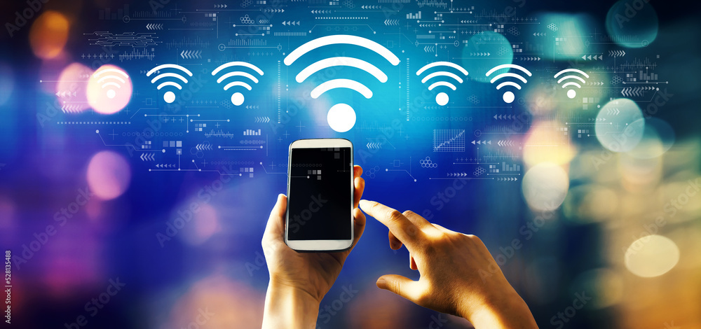Poster wifi theme with person using a smartphone