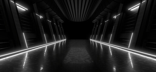 A dark tunnel lit by white neon lights. Reflections on the floor and walls. 3d rendering image. - obrazy, fototapety, plakaty
