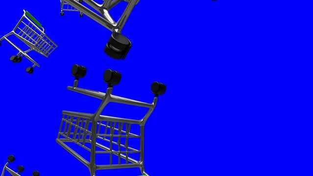 Silver shopping carts on blue screen.
3D animation for background.
