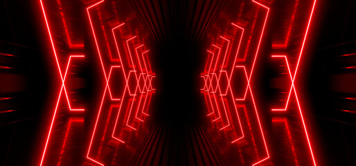 Sci Fy neon lamps in a dark corridor. Reflections on the floor and walls. 3d rendering image.