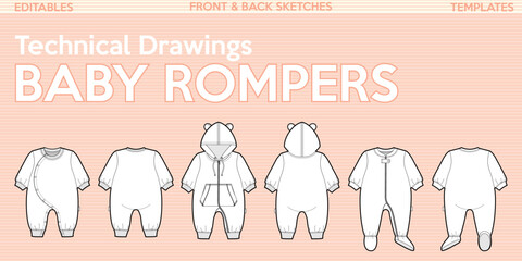 Baby rompers clothes bundle vectors set of toddler clothing fashion flat sketch for illustrator technical drawing baby clothes templates jumpsuit  © Itamara