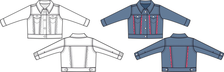 Technical drawing. Jeans jacket modern style fashion light blue denim stylish coats. Long Sleeves, Button Fastening Front, Two Pockets On The Front, Trendy Fashion Denim Jeans Jackets.  - obrazy, fototapety, plakaty
