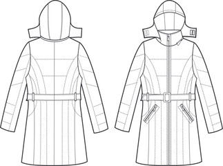 Technical drawing. Warm winter hoodie. Puffy jacket. Detachable hood.Front zipper closing.