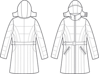 Technical drawing. Warm winter hoodie. Puffy jacket. Detachable hood.Front zipper closing. © Itamara