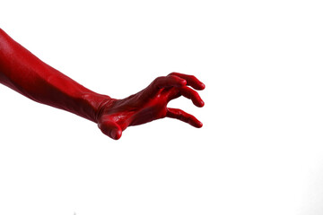 Halloween red devil monster hand isolated on white background.