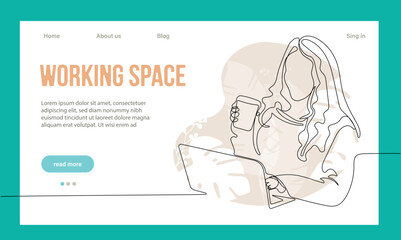 Coworking Space Landing Page Flat Cartoon Template. Freelancers Team Working Online on Laptop. Business People Sharing Open Workspace. Outline Vector Illustration