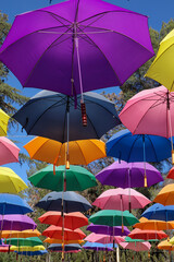 Obraz premium Colorful sunlit umbrellas at Lavender Festival, Cherry Valley, CA