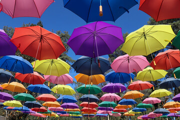 Fototapeta na wymiar Colorful sunlit umbrellas at Lavender Festival, Cherry Valley, CA
