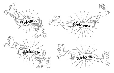 Welcome ribbon banners with bird set. Vintage dove holding tape band and sunburst. Invitation old scroll stripe craft romantic banner. Hand drawn sketch background clipart graphic element