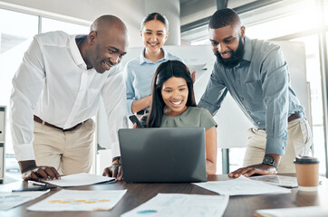 Business teamwork on laptop for marketing meeting, online web collaboration and planning tech ideas in office agency. Happy, diversity and motivation employees working on successful startup strategy