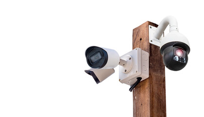 Multi-angle CCTV system on wooden poles, background blast cipping path