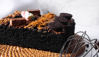 Sweet and delicious chocolate brownies on a white background