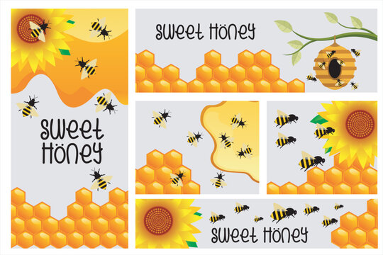 Honey bee template banner with honeycomb background. Useful for health drink banners from honey and social media