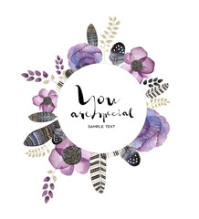 Watercolor greeting card flowers and feathers on the white background. Hand painted illustration.