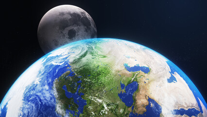 3D Render Show Up Moon Behind Close Up Earth Planet On Galaxy Space 3D Illustration Background