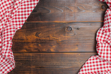 Flat lay, top view. Background of menu for the restaurant, copy space. Fabric red and white cover...