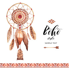 Isolated watercolor decoration bohemian dreamcatcher, boho feathers decoration, chic design, mystery ethnic tribal print, american culture design, gypsy ornament, dream catcher. © Sonice Design