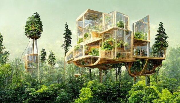 Spectacular image of a sustainable tree house surrounded by greenery in the  woods for ESG concept. Eco-friendly house with modern design and solar  panel on a tree. Digital art 3D illustration. Illustration