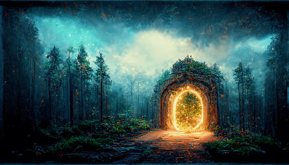Spectacular fantasy scene with a portal archway covered in creepers. In the fantasy world, ancient magical stone gate show another dimension. Digital art 3D illustration. - obrazy, fototapety, plakaty
