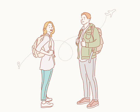 Young man and woman with backpacks. Hand drawn style vector design illustrations.