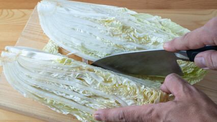 白菜をナイフで切る・Chinese cabbage