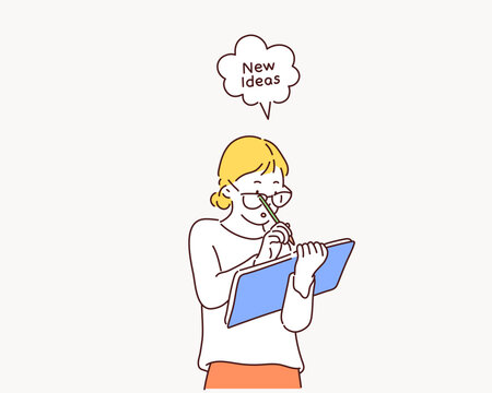 Attentive inspired teenage girl is writing new ideas. Hand drawn style vector design illustrations.